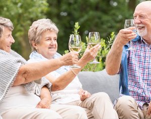 Vier Senioren sitze im Garten und stoßen gemeinsam mit Weingläsern an.