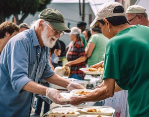 Header-Artikel: Mann serviert Bedürftigen Essen.