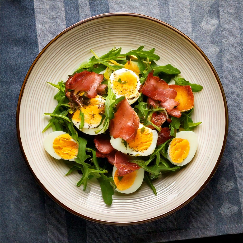 Ei-Salat mit Rucola und Speck auf einem Teller